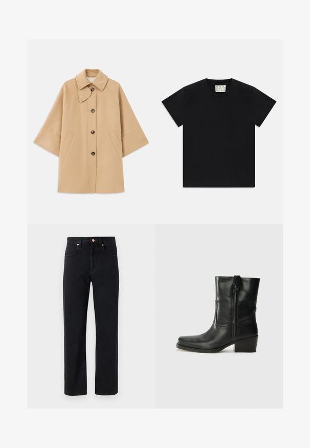 Bežový kabát z vlnenej zmesi s klasickým golierom, predným zapínaním na gombíky a bočnými vreckami; má raglánové rukávy a čistý, štruktúrovaný dizajn.; Čierne tričko s krátkym rukávom a okrúhlym výstrihom s bielou štítkom vo vnútri goliera označeným "D.R.C. EST. 2002" na bielom pozadí.; Čierne džíny z denimu so strihom rovného nohavice, dizajnom s piatimi vreckami, detailmi z medi a minimálnym viditeľným šitím.; Čierne kožené členkové topánky s okrúhlou špičkou, blokovým podpätkom, bočným zipsom a prešívaním na priehlavku. Hladká textúra, klasický dizajn.
