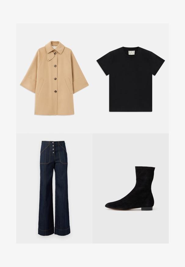 Beige wool blend coat with a classic collar, front button closure, and side pockets; features raglan sleeves and a clean, structured design.; Black short-sleeve crew neck t-shirt with a white tag inside the collar labeled "D.R.C. EST. 2002" on a white background.; Dark denim wide-leg trousers with high waist, five-button front closure, and contrasting gold stitching. Features large front pockets.; Black suede ankle boot with a fitted shaft, pointed toe, and a low block heel. Smooth texture and minimalistic design, suitable for versatile styling.