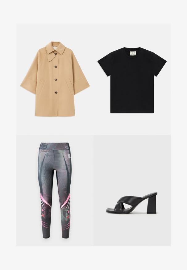Beżowy płaszcz z wełny z klasycznym kołnierzem, z przodu zapinany na guziki, z kieszeniami po bokach; posiada rękawy raglanowe oraz prosty, uporządkowany fason.; Czarny t-shirt z krótkim rękawem i okrągłym dekoltem, z białą metką wewnątrz kołnierza oznaczoną "D.R.C. EST. 2002" na białym tle.; Obcisłe legginsy w ciemnoszarym kolorze z kropkowanym wzorem, z różowymi graficznymi akcentami i wysokim stanem.; MAX&Co. SOHO czarny