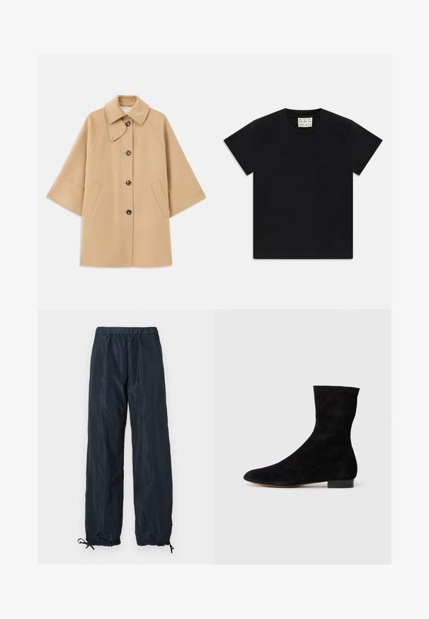 Abrigo de mezcla de lana color beige con un cuello clásico, cierre delantero de botones y bolsillos laterales; presenta mangas raglán y un diseño limpio y estructurado.; Camiseta negra de manga corta y cuello redondo con una etiqueta blanca en el interior del cuello que dice "D.R.C. EST. 2002" sobre un fondo blanco.; Pantalones tipo windbreaker en color marino con cintura elástica, puños ajustables y un material suave y ligero. Diseño de largo completo sin bolsillos.; Botín de ante negro con caña ajustada, punta afilada y tacón bajo en bloque. Textura suave y diseño minimalista, adecuado para un estilo versátil.