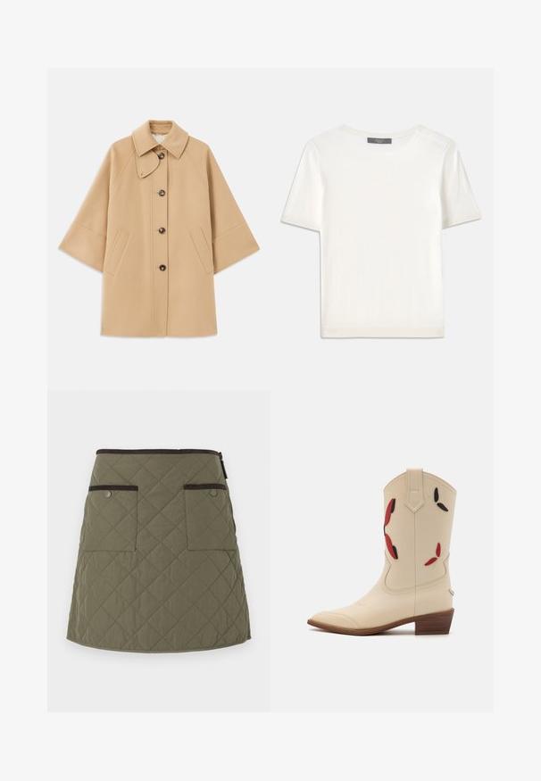 Beige wollen blend jas met een klassieke kraag, sluiting met knopen aan de voorkant en zijzakken; heeft raglanmouwen en een nette, gestructureerde uitstraling.; Witte gebreide top met korte mouwen en een ronde halslijn, met een gladde textuur en subtiele ribgebreide accenten bij de mouwen en de zoom.; Gequiltede rok in olijfgroen met een zoom die boven de knie valt. Voorzien van twee voorzakken met donkerbruine accenten en een ritssluiting.; Beige leren cowboylaarzen met een spitse neus, lage blokhak en decoratieve rode en zwarte bloemenapplicaties op de schacht.