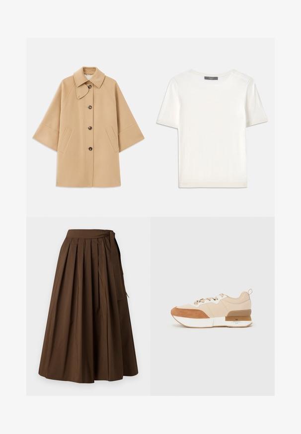 Beige kabát z vlněné směsi s klasickým límcem, zapínáním na knoflíky vpředu a bočními kapsami; má raglánové rukávy a čistý, strukturovaný design.; Bílý pletený top s krátkým rukávem a kulatým výstřihem, s hladkou strukturou a jemnými ribovými akcenty na rukávech a lemu.; Hnědá plisovaná sukně vyrobená z hladkého materiálu, s vysokým pasem a bočním vázáním pro zapínání.; Tenisky s béžovým textilním svrškem a tanovými semišovými akcenty, s bílou mezipodešví a gumovou podrážkou s brandingem.