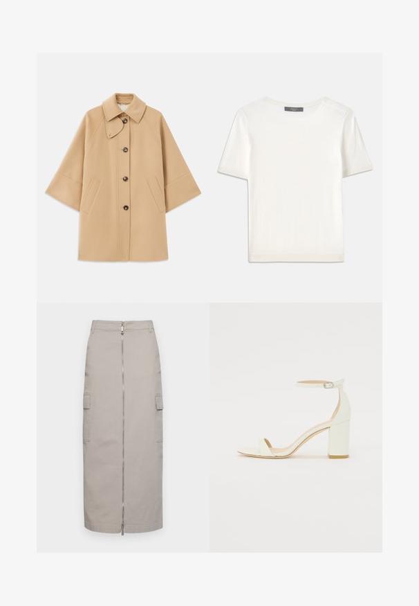 Beige wollen blend jas met een klassieke kraag, sluiting met knopen aan de voorkant en zijzakken; heeft raglanmouwen en een nette, gestructureerde uitstraling.; Witte gebreide top met korte mouwen en een ronde halslijn, met een gladde textuur en subtiele ribgebreide accenten bij de mouwen en de zoom.; Grijs knielang rok van katoen met een rits aan de voorkant en twee zijzakken, met een rechte snit en strakke lijnen.; Witte leren sandaal met blokhak, voorzien van een enkelsluitsel met een gesp en een minimalistisch design. Open teen en gladde texturen overal.