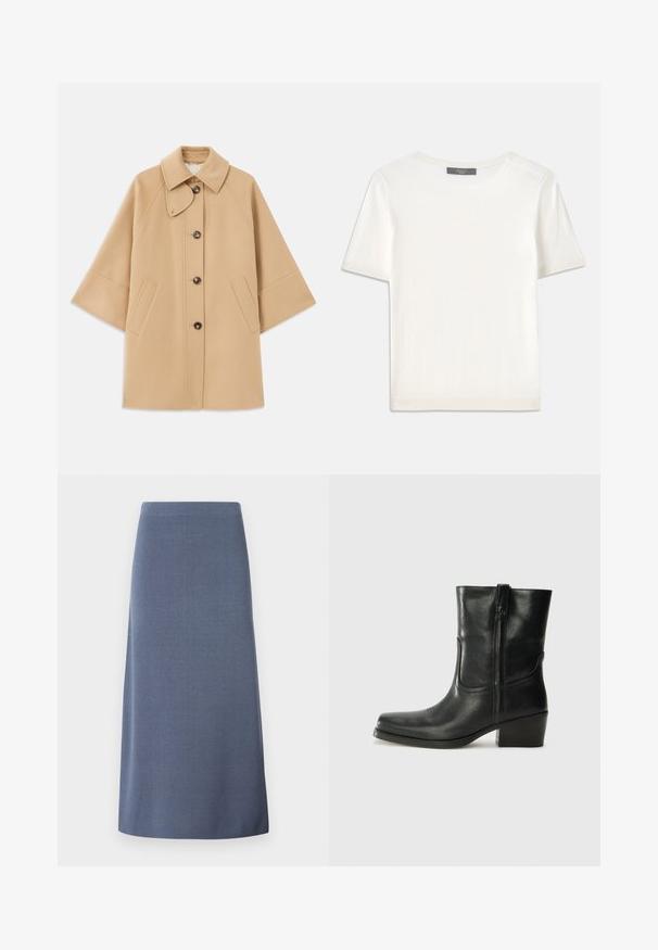 Abrigo de mezcla de lana color beige con un cuello clásico, cierre delantero de botones y bolsillos laterales; presenta mangas raglán y un diseño limpio y estructurado.; Top de punto corto de manga blanca con cuello redondo, que presenta una textura suave y sutiles detalles acanalados en las mangas y el dobladillo.; Falda azul tipo A, hecha de tejido texturizado, hasta la rodilla, con una cintura lisa y sin cierres ni adornos visibles.; Botín negro de cuero hasta el tobillo con punta redondeada, tacón cuadrado, cremallera lateral y detalles de costura en el empeine. Textura suave, diseño clásico.