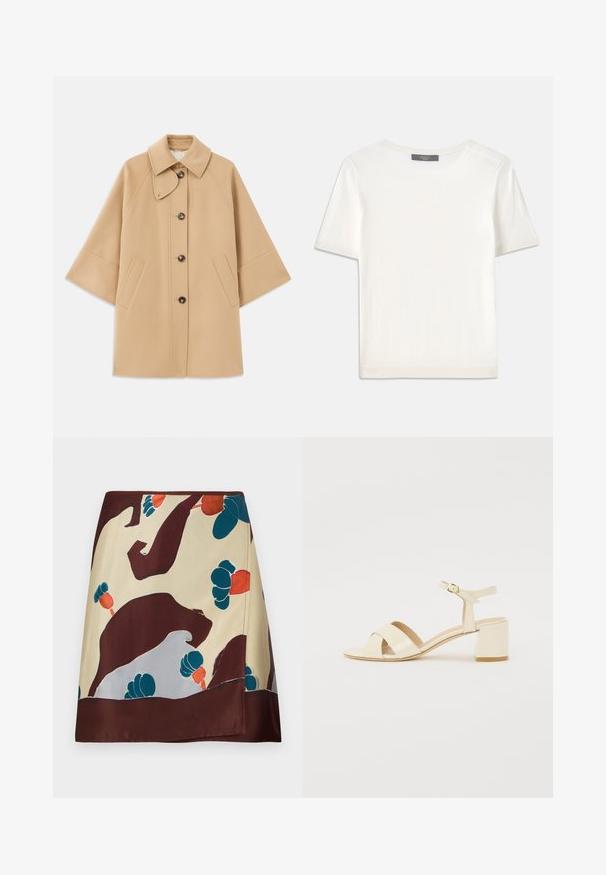 Bežna volnena jopica s klasičnim ovratnikom, sprednjim gumbom za zapiranje in stranskimi žepi; ima raglan rokave in čist, strukturiran dizajn.; Bela kratka pletena majica s kratkimi rokavi in okroglim izrezom, ki ima gladko teksturo in subtilne rebrovane detajle na rokavih in robu.; Svilena krila z bež osnovo in abstraktnimi burgundskimi, teal in rdečimi cvetličnimi vzorci; rob ima temno burgundski zaključek.; Bež lakirane usnjene sandale s peto z zasnovo čez trak, odprtim prstom, nastavljivim gležnjenjem in blok peto. Gladka tekstura.