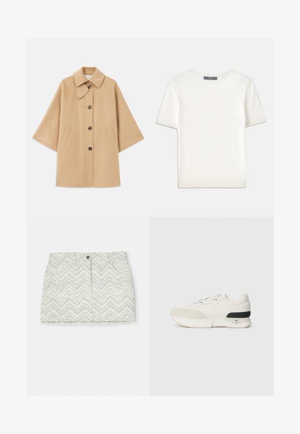 Cappotto in misto lana beige con colletto classico, chiusura frontale con bottoni e tasche laterali; presenta maniche a raglan e un design pulito e strutturato.; Top corto a maniche corte di colore bianco, in maglia, con scollatura rotonda. Presenta una texture liscia e accenti a coste sottili sulle maniche e sull'orlo.; Gonna bianca con motivo a zigzag in grigio, dotata di chiusura con bottoni, due tasche laterali e un taglio dritto. Realizzata in tessuto testurizzato.; Sneaker bianca con una punta in suede testurizzato, parte superiore in mesh liscia, lacci decorativi e un accento sul tallone in gomma nera.