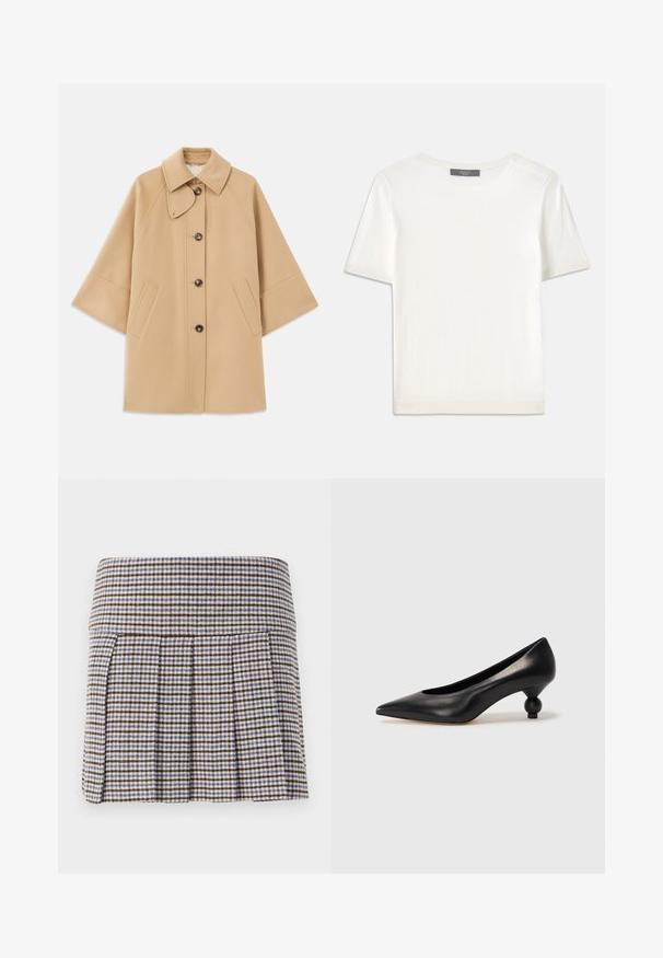 Beżowy płaszcz z wełny z klasycznym kołnierzem, z przodu zapinany na guziki, z kieszeniami po bokach; posiada rękawy raglanowe oraz prosty, uporządkowany fason.; Biała krótki rękaw dzianinowa bluzka z okrągłym dekoltem, charakteryzująca się gładką teksturą i subtelnymi prążkowanymi akcentami na rękawach oraz u dołu.; Plisowana spódnica w brązowo-beżowo-niebieską kratę. Wykonana z fakturowanej tkaniny z dopasowanym pasem i dekoracyjnymi plisami.; Czarna skórzana szpilka z ostrym czubkiem i okrągłym, kulistym obcasem. Gładka tekstura z eleganckim, minimalistycznym wzornictwem.
