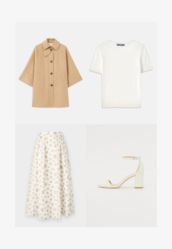 Šviesiai rudas vilnos mišinys paltas su klasikiniu apykakle, priekyje mygtukais užsegamas, ir šoninėmis kišenėmis; turi raglan tipo rankoves ir švarų, struktūrizuotą dizainą.; Baltas trumpas rankovėmis megztinis su apvaliu kaklu, pasižymintis lygia tekstūra ir subtiliais raštuotais akcentais rankovėse bei apykaulyje.; Gėlėtasis midi sijonas kremine ir smėline spalvomis, su klostėmis ir tekstūruota medžiaga. Dizainą puošia į vairias puses išsibarstę maži gėlės.; Baltos odos blokinio kulno sandalai, su kulkšnies dirželiu ir sagtimi, minimalistinio dizaino. Atvira pirštų dalis ir sklandžios tekstūros visoje.