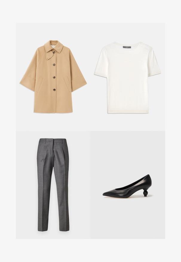 Cappotto in misto lana beige con colletto classico, chiusura frontale con bottoni e tasche laterali; presenta maniche a raglan e un design pulito e strutturato.; Top corto a maniche corte di colore bianco, in maglia, con scollatura rotonda. Presenta una texture liscia e accenti a coste sottili sulle maniche e sull'orlo.; Pantaloni grigi su misura con una texture liscia, due pieghe frontali e un design slim-fit. Presentano una vita standard e una gamba dritta.; Scarpa con tacco alto in pelle nera, con punta affilata e tacco arrotondato e bombato. Texture liscia con un design elegante e minimalista.