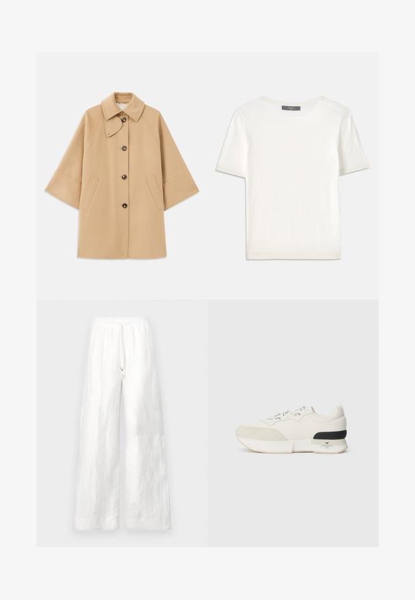 Beige gyapjú mix kabát klasszikus gallérral, elülső gombos záródással és oldalsó zsebekkel; raglán ujjaival és letisztult, strukturált dizájnjával rendelkezik.; Fehér, rövid ujjú kötött felső, kerek nyakkivágással, sima textúrával és diszkrét bordázott részletekkel az ujjain és az alján.; Fehér vászon, széles lábmegoldású nadrág, rugalmas derékkal és zsinórral. Simább textúrával és laza fazonnal rendelkezik. Nincsenek látható zsebek.; Fehér sneaker, amelynek texturált velúr orrkáva van, sima hálós felsőrésze, díszcsipkéje, valamint fekete gumi sarok kiemelése.