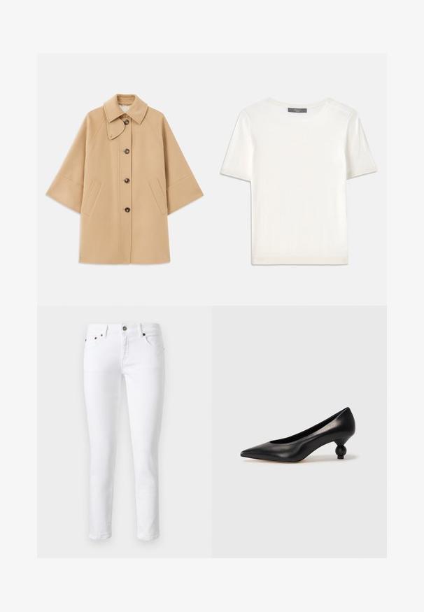 Bežový kabát z vlnenej zmesi s klasickým golierom, predným zapínaním na gombíky a bočnými vreckami; má raglánové rukávy a čistý, štruktúrovaný dizajn.; Biele krátke rukávy pletené tričko s okrúhlym výstrihom, ktoré má jemnú textúru a nenápadné rebrované detaily na rukávoch a leme.; Biele džínsy s úzkym strihom, dizajnom s piatimi vreckami, zapínaním na gombík a jemnými švami na predných a zadných vreckách.; Čierna kožená vysoká topánka na podpätku s ostrým špičkou a okrúhlym, guľatým podpätkom. Hladký povrch s moderným, minimalistickým dizajnom.