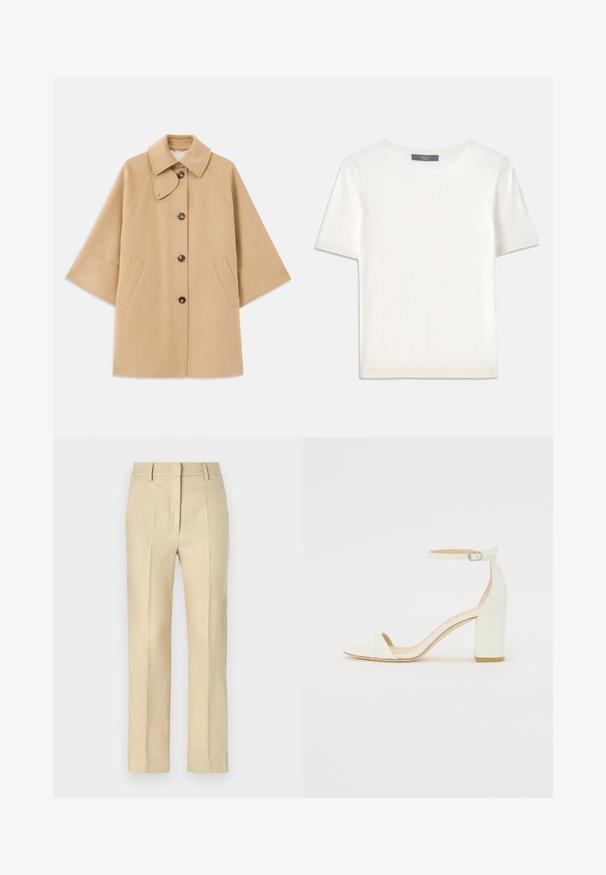 Beež villasegu jakk klassikalise kraega, ees nuppude sulgemise ja küljetaskutega; omab raglan-varrukaid ja puhtalt, struktureeritud disaini.; Valge lühikeste varrukatega soonikutega viimistletud ringkaelusega kampsun, millel on sile tekstuur.; Beige jalgsed sirge lõikega, valmistatud tekstuuriga kangast, millel on kortsujäljed ja ees lukuga sulgemine.; Valge nahast takjakandiga sandaal, millel on kinnitusrihm ja minimalistlik disain. Avatud varvastes ja sileda pinnaga.