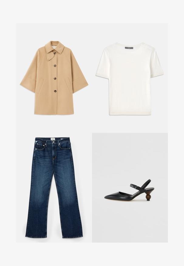 Beige wollen blend jas met een klassieke kraag, sluiting met knopen aan de voorkant en zijzakken; heeft raglanmouwen en een nette, gestructureerde uitstraling.; Witte gebreide top met korte mouwen en een ronde halslijn, met een gladde textuur en subtiele ribgebreide accenten bij de mouwen en de zoom.; Donkerblauwe spijkerbroek van denim, wijde pijpen, vijf-pocket stijl, zichtbare stiknaadaccenten en een gladde textuur met lichte vervaging.; Zwarte leren slingbackshoe met een spitse neus, gebogen ontwerp en een ronde, houtachtige hak. Voorzien van een smalle enkelband.