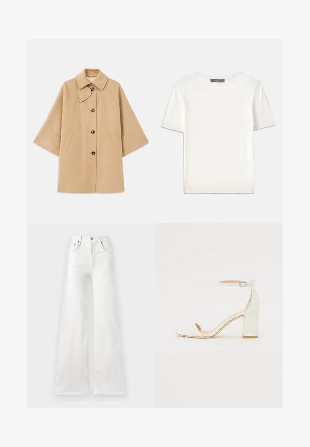 Casaco em mistura de lã bege com colarinho clássico, fecho frontal com botões e bolsos laterais; possui mangas raglan e um design limpo e estruturado.; Top de malha branco, de mangas curtas, com decote redondo, apresentando uma textura suave e discretos realces canelados nas mangas e na barra.; Calças de ganga brancas, de cintura alta e perna larga, com fecho de botão e bolsos tradicionais à frente e atrás.; Sandal de bloco em pele branca, apresentando uma correia no tornozelo com fivela e um design minimalista. Com biqueira aberta e texturas suaves ao longo de toda a peça.