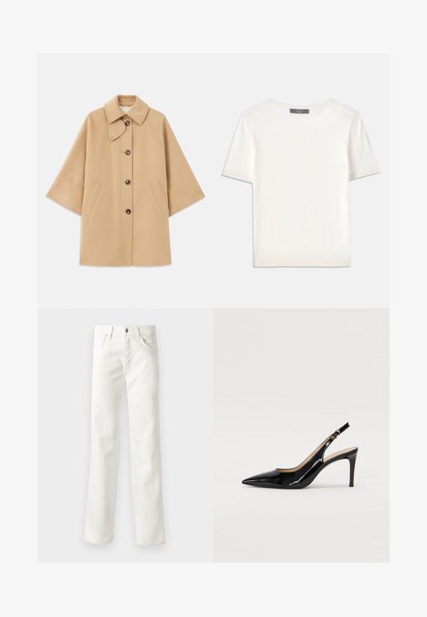 Bež kaput od vune s kombinacijom materijala, klasičnog ovratnika, prednjim zatvorenjem na dugmad i bočnim dzepovima; ima raglan rukave i čist, strukturiran dizajn.; Bijela kratkotrajna pletena majica s kratkim rukavima i okruglim izrezom, koja se odlikuje glatkom teksturom i suptilnim rebrastim detaljima na rukavima i rubu.; Bijele traperice s ravnim nogavicama, pet džepova, zatvaranjem na dugme i suptilnom teksturom. Dovršene sa petljama za remen i standardnim rubom.; Crne lakirane slingback cipele s oštrim vrhom, uskim potpeticama i suptilnim izrezom. Sadrže zlatnu kopču na traku.