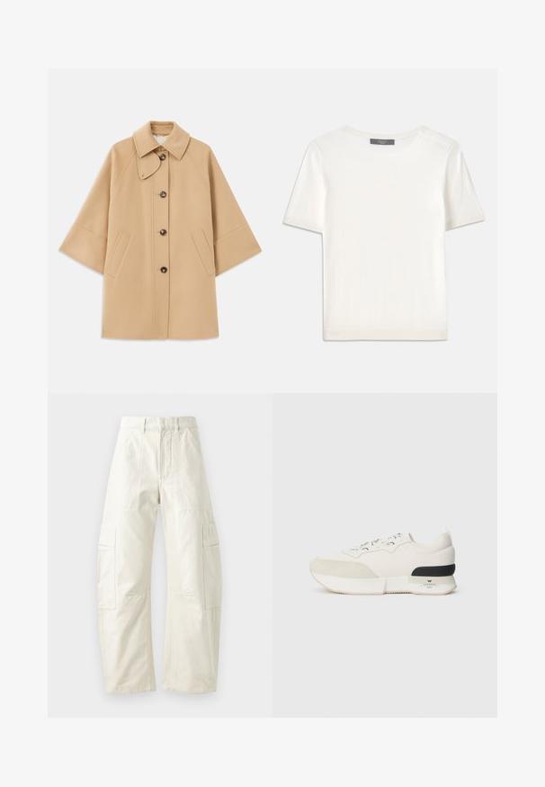 Casaco em mistura de lã bege com colarinho clássico, fecho frontal com botões e bolsos laterais; possui mangas raglan e um design limpo e estruturado.; Top de malha branco, de mangas curtas, com decote redondo, apresentando uma textura suave e discretos realces canelados nas mangas e na barra.; Calças cargo em bege com um corte solto, apresentando múlt pequenos bolsos aplicados, fecho de zíper e um acabamento texturizado. Feitas de um material de algodão durável.; Sneaker branco com biqueira em camurça texturizada, parte superior em malha lisa, atacadores decorativos e um detalhe na parte de trás em borracha preta.