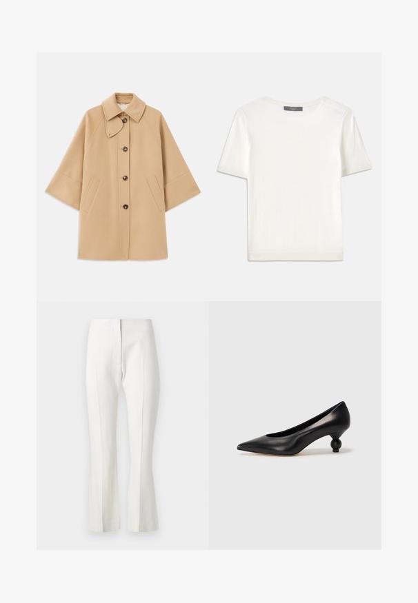 Beige wollen blend jas met een klassieke kraag, sluiting met knopen aan de voorkant en zijzakken; heeft raglanmouwen en een nette, gestructureerde uitstraling.; Witte gebreide top met korte mouwen en een ronde halslijn, met een gladde textuur en subtiele ribgebreide accenten bij de mouwen en de zoom.; Witte op maat gemaakte broeken met een uitlopende onderkant, voorzien van een vlakke voorkant, zonder zakken en een gladde stoftextuur.; Zwarte leren hoge hak schoen met een spitse neus en een ronde, bolle hak. Gladde textuur met een elegant, minimalistisch ontwerp.