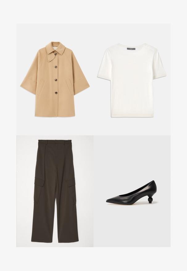 Šviesiai rudas vilnos mišinys paltas su klasikiniu apykakle, priekyje mygtukais užsegamas, ir šoninėmis kišenėmis; turi raglan tipo rankoves ir švarų, struktūrizuotą dizainą.; Baltas trumpas rankovėmis megztinis su apvaliu kaklu, pasižymintis lygia tekstūra ir subtiliais raštuotais akcentais rankovėse bei apykaulyje.; Rudos plačiadrugiai kargo džinsai, pagaminti iš tekstūruotos medžiagos, su dviem šoniniais kišenėmis su atvartais ir tiesiu kirpimu nuo liemens iki apvado.; Juoda odinė aukštakulnė bateliai su smailiu pirštu ir apvaliu, iškiliu kulnu. Lygus paviršius su elegantišku, minimalistiniu dizainu.