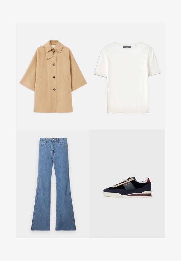 Beige ullblandad kappa med klassisk krage, framknäppning med knappar och sidofickor; har raglanärmar och en ren, strukturerad design.; Vit kortärmad stickad topp med rund halsringning, med en jämn textur och subtila randiga detaljer vid ärmarna och fållen.; Ljusblå denimflares med hög midja, med klassisk femficksdesign och kontrasterande sömmar längs kanterna.; Mörkblå mockaskor med beige och mörkblå detaljer. Har en vit gummisula och gyllene märkning på sidan. Klassisk sportig design.