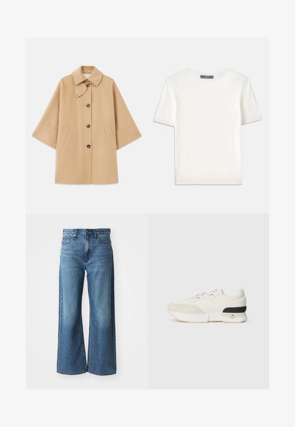 Abrigo de mezcla de lana color beige con un cuello clásico, cierre delantero de botones y bolsillos laterales; presenta mangas raglán y un diseño limpio y estructurado.; Top de punto corto de manga blanca con cuello redondo, que presenta una textura suave y sutiles detalles acanalados en las mangas y el dobladillo.; Jeans de mezclilla azul de pierna ancha con una cinturilla de altura media, cinco bolsillos y un ligero desvanecimiento. Las características incluyen presillas para el cinturón y detalles de costura.; Zapatilla blanca con una puntera de ante texturizado, parte superior de malla suave, cordones decorativos y un acento en el talón de goma negra.