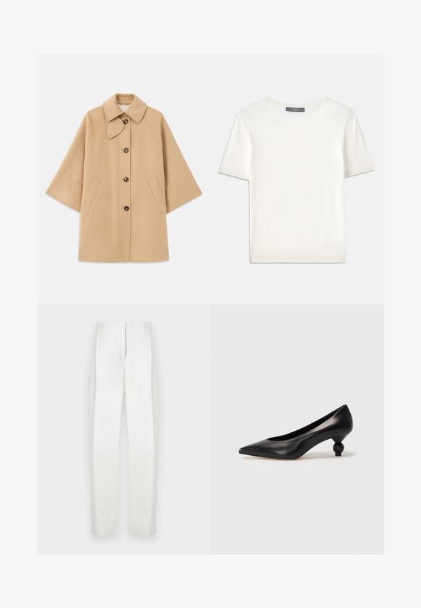 Palton din lână bej, cu un guler clasic, închidere frontală cu nasturi și buzunare laterale; are mâneci raglan și un design curat, structurat.; Top tricotat alb cu mânecă scurtă, cu decolteu rotund, având o textură netedă și accente subtile cu nervuri la mâneci și la margine.; Paul Smith Pantaloni - white; Pantofii cu toc înalt din piele neagră, cu vârf ascuțit și toc rotund, mimos. Textură netedă, cu un design elegant și minimalist.