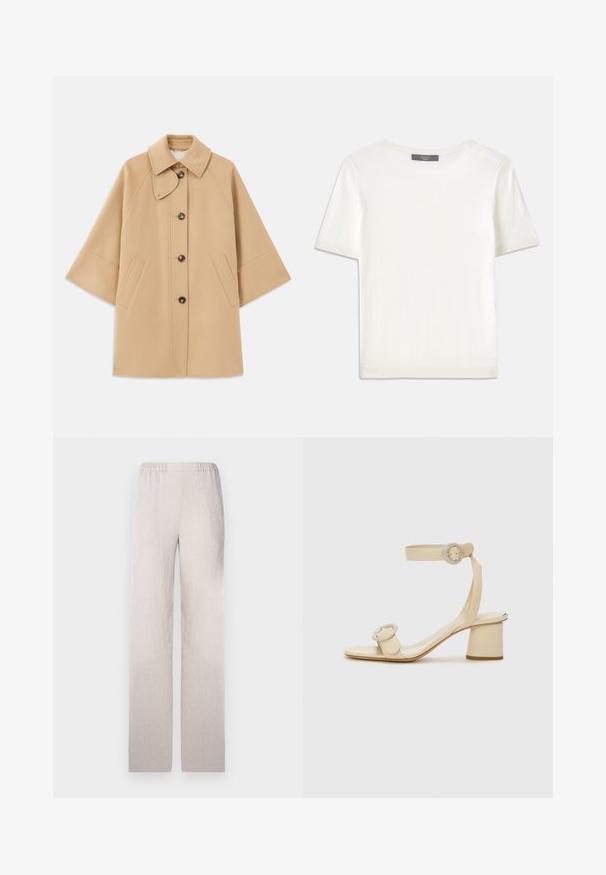 Palton din lână bej, cu un guler clasic, închidere frontală cu nasturi și buzunare laterale; are mâneci raglan și un design curat, structurat.; Top tricotat alb cu mânecă scurtă, cu decolteu rotund, având o textură netedă și accente subtile cu nervuri la mâneci și la margine.; Pantaloni largi bej deschis, dintr-un material texturat, cu talie elastică și un finisaj neted. Siluetă ajustată, dreaptă.; Sandale cu toc bej, cu vârf pătrat, curea ajustabilă la gleznă și două accesorii cu cataramă rotundă. Textură de piele netedă și toc pătrat.