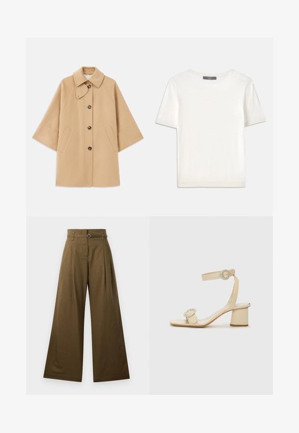 Beige gyapjú mix kabát klasszikus gallérral, elülső gombos záródással és oldalsó zsebekkel; raglán ujjaival és letisztult, strukturált dizájnjával rendelkezik.; Fehér, rövid ujjú kötött felső, kerek nyakkivágással, sima textúrával és diszkrét bordázott részletekkel az ujjain és az alján.; Olívazöld anyagú, széles szárú nadrág, magas derékkal, elülső redőkkel és ezüstszínű, kör alakú övcsattal. Simított felület.; Krémszínű, magassarkú szandál, minimalista dizájnnal, két kör alakú díszítéssel és vastag sarokkal. Simító bőrből készült.