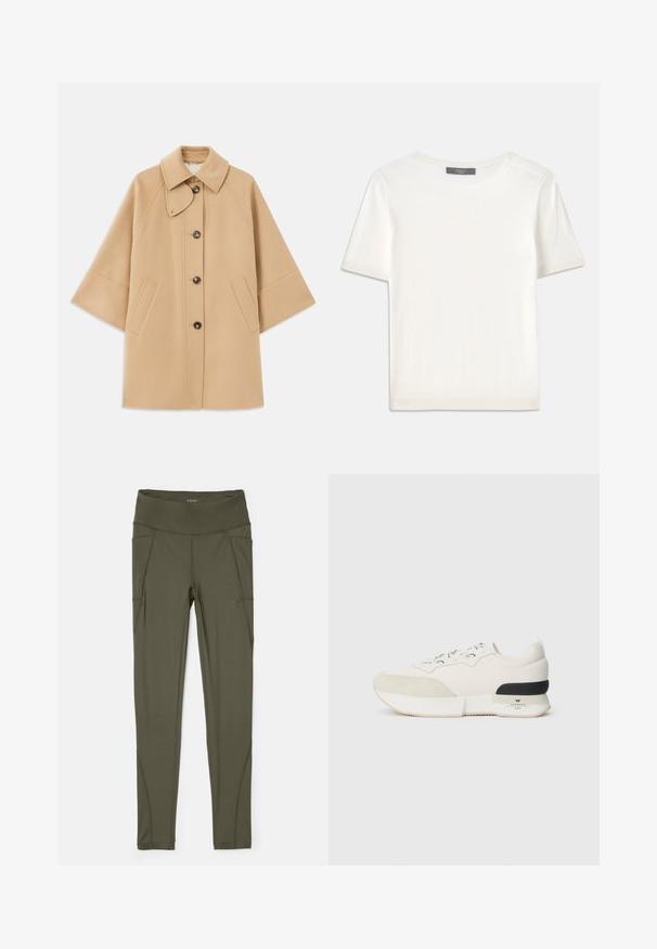 Manteau en mélange de laine beige avec un col classique, fermeture à boutons à l'avant et poches latérales ; présente des manches raglan et un design épuré et structuré.; Haut tricot blanc à manches courtes avec un col rond, présentant une texture lisse et des accents côtelés subtils aux manches et à l'ourlet.; Leggings vert olive fabriqués en tissu extensible, avec une taille haute, des poches latérales et des coutures sans couture pour une apparence lisse.; Baskets blanches avec un capuchon en suède texturé, un upper en mesh lisse, des lacets décoratifs, et un accent de talon en caoutchouc noir.