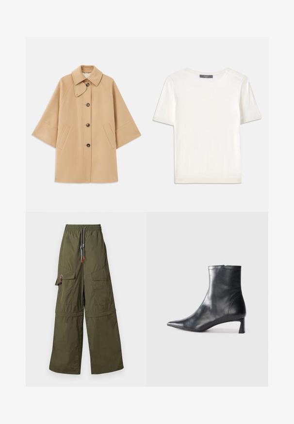 Beige ullblandad kappa med klassisk krage, framknäppning med knappar och sidofickor; har raglanärmar och en ren, strukturerad design.; Vit kortärmad stickad topp med rund halsringning, med en jämn textur och subtila randiga detaljer vid ärmarna och fållen.; Gröna vida cargobyxor i lätt material, med elastisk midja, flera fickor och distinkta snörningsdetaljer.; Svart läder ankelboot med spetsig tå och en smidig design. Har en låg klack och en dragkedjestängning bak. Slät textur.