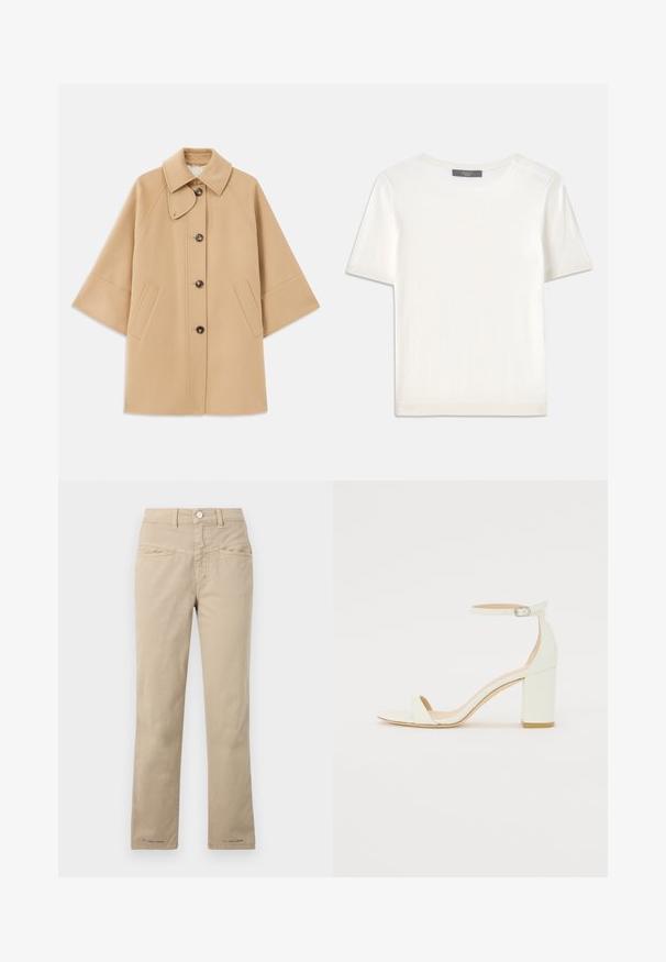 Bežový kabát z vlnenej zmesi s klasickým golierom, predným zapínaním na gombíky a bočnými vreckami; má raglánové rukávy a čistý, štruktúrovaný dizajn.; Biele krátke rukávy pletené tričko s okrúhlym výstrihom, ktoré má jemnú textúru a nenápadné rebrované detaily na rukávoch a leme.; Béžové bavlnené nohavice s rovný strihom, vybavené predným zapínaním na gombík, dvoma prednými vreckami a jemnými prešívacími detailmi.; Biele kožené sandále na blokovom podpätku s remienkom okolo členku a minimalistickým dizajnom. Otvorená špička a hladké textúry po celom povrchu.