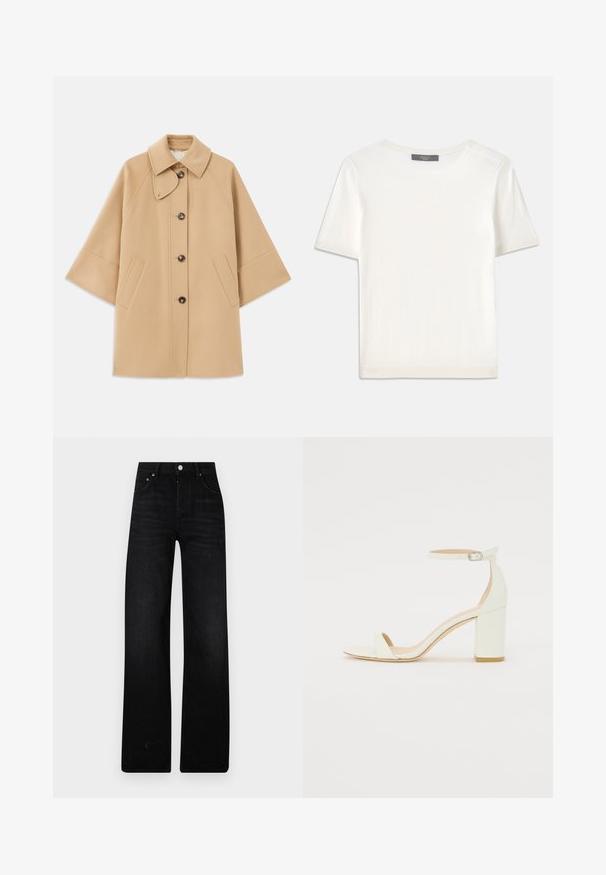 Casaco em mistura de lã bege com colarinho clássico, fecho frontal com botões e bolsos laterais; possui mangas raglan e um design limpo e estruturado.; Top de malha branco, de mangas curtas, com decote redondo, apresentando uma textura suave e discretos realces canelados nas mangas e na barra.; Calças largas pretas feitas de denim. Apresentam uma cintura alta, dois bolsos frontais e fecho com botão de metal. Acabamento texturizado com desvanecimento mínimo.; Sandal de bloco em pele branca, apresentando uma correia no tornozelo com fivela e um design minimalista. Com biqueira aberta e texturas suaves ao longo de toda a peça.