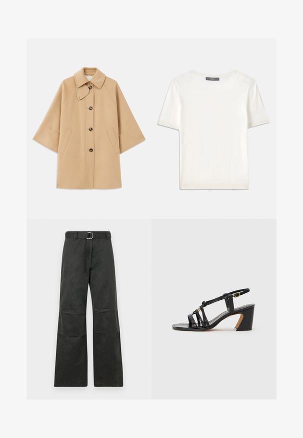 Bežový kabát z vlnenej zmesi s klasickým golierom, predným zapínaním na gombíky a bočnými vreckami; má raglánové rukávy a čistý, štruktúrovaný dizajn.; Biele krátke rukávy pletené tričko s okrúhlym výstrihom, ktoré má jemnú textúru a nenápadné rebrované detaily na rukávoch a leme.; Čierne nohavice s širokými nohavicami a stredne vysokým pásom, so šatkou so striebornou kruhovou prackou a zdobené kolennými záplatami.; Paul Smith AMIRA - Klasické lodičky na opätku - black