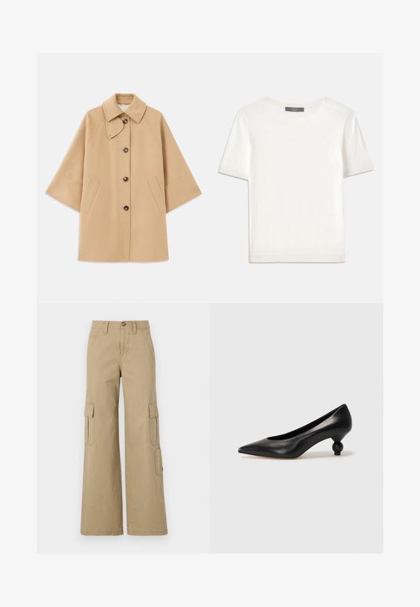 Beige ullblandad kappa med klassisk krage, framknäppning med knappar och sidofickor; har raglanärmar och en ren, strukturerad design.; Vit kortärmad stickad topp med rund halsringning, med en jämn textur och subtila randiga detaljer vid ärmarna och fållen.; Beige cargobyxor med vida ben, med två sidofickor med lock, en knäppning och ett mjukt bomullstyg.; Svart läderhögklackad sko med spetsig tå och rund, bollformad klack. Slät yta med en elegant, minimalistisk design.