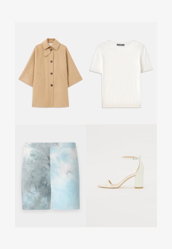 Bežna volnena jopica s klasičnim ovratnikom, sprednjim gumbom za zapiranje in stranskimi žepi; ima raglan rokave in čist, strukturiran dizajn.; Bela kratka pletena majica s kratkimi rokavi in okroglim izrezom, ki ima gladko teksturo in subtilne rebrovane detajle na rokavih in robu.; Kratke hlače z barvnimi bloki, ki vsebujejo gradient svetlo modrih in sivih odtenkov. Narejene so iz mehkega materiala z gladko teksturo in elastičnim pasom.; Bela usnjena sandala z blok peto, ki ima zanko okoli gležnja s sponko in minimalističen dizajn. Odkrit prst in gladke teksture po vsej površini.