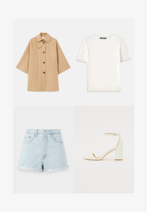 Beige wool blend coat with a classic collar, front button closure, and side pockets; features raglan sleeves and a clean, structured design.; White short-sleeve knit top with a round neckline, featuring a smooth texture and subtle ribbed accents at sleeves and hem.; Light blue denim shorts with a high waist, turn-up cuffs, copper rivets, and a front zipper. Features classic five-pocket style.; White leather block-heel sandal featuring an ankle strap with a buckle and minimalist design. Open toe and smooth textures throughout.