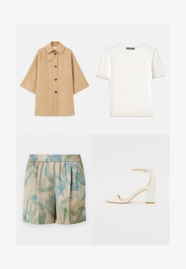 Beige wool blend coat with a classic collar, front button closure, and side pockets; features raglan sleeves and a clean, structured design.; White short-sleeve knit top with a round neckline, featuring a smooth texture and subtle ribbed accents at sleeves and hem.; Shorts in a lightweight fabric featuring a beige background with blue and green palm leaf patterns, elastic waistband, and pleated design.; White leather block-heel sandal featuring an ankle strap with a buckle and minimalist design. Open toe and smooth textures throughout.