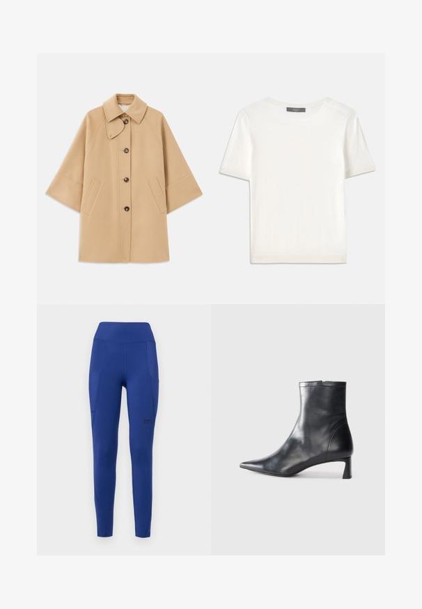Beige Wollmischungsjacke mit klassischem Kragen, durchgehender Knopfleiste und Seitentaschen; verfügt über Raglanärmel und ein sauberes, strukturiertes Design.; Weißes kurzärmliges Strickoberteil mit rundem Halsausschnitt, das eine glatte Textur und subtile Rippakzente an den Ärmeln und dem Saum aufweist.; Marineblaue Sportleggings mit hoher Taille, Seitentaschen und dezentem Branding. Gefertigt aus dehnbarem, glattem Material mit einer figurschmeichelnden Passform.; Schwarze Lederstiefelette mit spitzer Zehe und schlankem Design. Verfügt über einen niedrigen Absatz und einen Reißverschluss hinten. Glatte Textur.