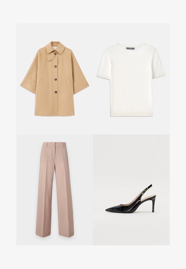 Bežna volnena jopica s klasičnim ovratnikom, sprednjim gumbom za zapiranje in stranskimi žepi; ima raglan rokave in čist, strukturiran dizajn.; Bela kratka pletena majica s kratkimi rokavi in okroglim izrezom, ki ima gladko teksturo in subtilne rebrovane detajle na rokavih in robu.; Široke hlače v mehki rožnati tkanini, z ravnim sprednjim delom, pasom z zankami in gladko teksturo.; Črne lakirane slingback čevlje z izostrenim nosom, ozkim peto in subtilnim izrezom. Na traku je zlata sponka.