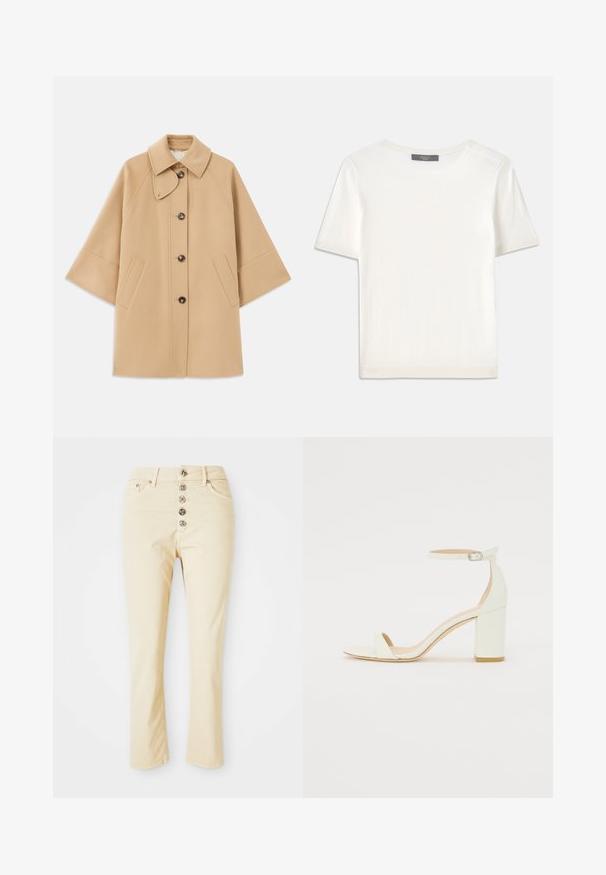 Cappotto in misto lana beige con colletto classico, chiusura frontale con bottoni e tasche laterali; presenta maniche a raglan e un design pulito e strutturato.; Top corto a maniche corte di colore bianco, in maglia, con scollatura rotonda. Presenta una texture liscia e accenti a coste sottili sulle maniche e sull'orlo.; Jeans beige in cotone, con chiusura a bottoni frontale con cinque bottoni metallici e gambe dritte. Tessuto liscio e design classico.; Sandal con tacco cubano bianco in pelle, caratterizzata da una cinghia alla caviglia con fibbia e design minimalista. Punta aperta e texture liscia in tutto il sandalo.