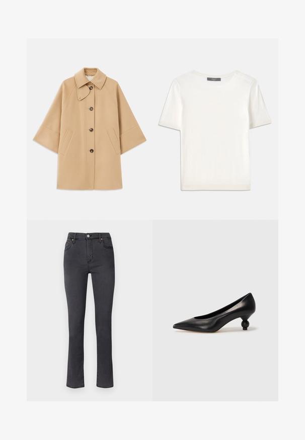 Beige gyapjú mix kabát klasszikus gallérral, elülső gombos záródással és oldalsó zsebekkel; raglán ujjaival és letisztult, strukturált dizájnjával rendelkezik.; Fehér, rövid ujjú kötött felső, kerek nyakkivágással, sima textúrával és diszkrét bordázott részletekkel az ujjain és az alján.; Sötétszürke farmernadrág egyenes lábbal, denim anyagból készült. Gombos és cipzáros záródással, elülső zsebekkel és diszkrét varrási részletekkel rendelkezik.; Fekete bőr magassarkú cipő, hegyes orral és kerek, gömbölyű sarokkal. Simább textúrával, elegáns, minimalista dizájnnal.