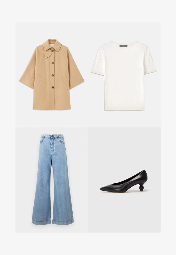Beige wool blend coat with a classic collar, front button closure, and side pockets; features raglan sleeves and a clean, structured design.; White short-sleeve knit top with a round neckline, featuring a smooth texture and subtle ribbed accents at sleeves and hem.; Light blue wide-leg jeans made of denim. High-waisted with contrasting stitching, five pockets, and a button closure at the waist.; Black leather high heel shoe with a pointed toe and a round, balled heel. Smooth texture with a sleek, minimal design.