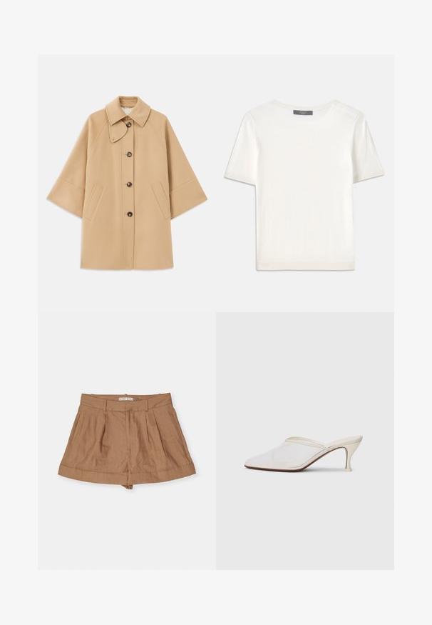 Beige Wollmischungsjacke mit klassischem Kragen, durchgehender Knopfleiste und Seitentaschen; verfügt über Raglanärmel und ein sauberes, strukturiertes Design.; Weißes kurzärmliges Strickoberteil mit rundem Halsausschnitt, das eine glatte Textur und subtile Rippakzente an den Ärmeln und dem Saum aufweist.; Hellbraune Leinen-Shorts mit einem gefalteten Design, breitem Bund und aufgerollten Cuffs, vor einem weißen Hintergrund präsentiert.; Weiße Mesh-Pantoletten mit spitzer Zehenform, schlankem Mittelabsatz und Slip-On-Design vor einem schlichten Hintergrund.