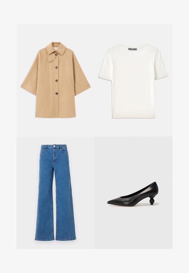 Beige gyapjú mix kabát klasszikus gallérral, elülső gombos záródással és oldalsó zsebekkel; raglán ujjaival és letisztult, strukturált dizájnjával rendelkezik.; Fehér, rövid ujjú kötött felső, kerek nyakkivágással, sima textúrával és diszkrét bordázott részletekkel az ujjain és az alján.; Széles szárú kék farmernadrág magas derekú, elülső zsebekkel és gombos zárással. Az anyag sima tapintású és klasszikus varrásmintával rendelkezik.; Fekete bőr magassarkú cipő, hegyes orral és kerek, gömbölyű sarokkal. Simább textúrával, elegáns, minimalista dizájnnal.