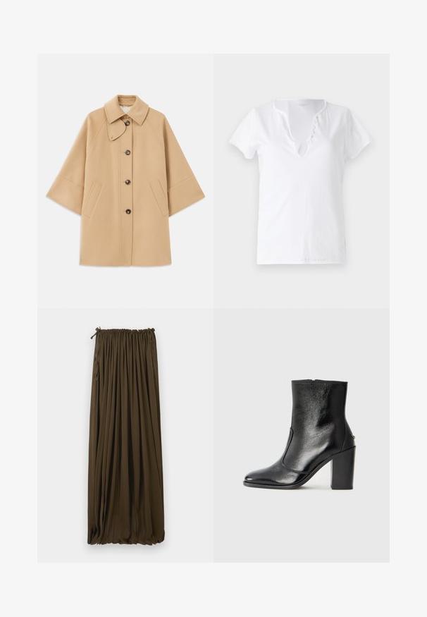 Beige gyapjú mix kabát klasszikus gallérral, elülső gombos záródással és oldalsó zsebekkel; raglán ujjaival és letisztult, strukturált dizájnjával rendelkezik.; Fehér pamut póló rövid ujjakkal, laza szabással és V-nyakkivágással, öt díszgombbal ellátott gombolással.; Hosszú, sötétbarna szoknya, könnyű anyagból készült, rugalmas derékrésszel és redőkkel, amelyek áramló kinézetet kölcsönöznek.; Fekete bőr bokacipő sima textúrával, hegyes orral és vastag, magas sarkával. Oldalnyílással és minimalista dizájnnal rendelkezik.