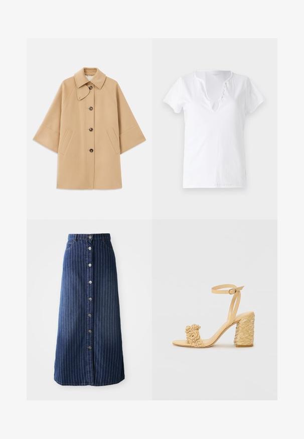 Palton din lână bej, cu un guler clasic, închidere frontală cu nasturi și buzunare laterale; are mâneci raglan și un design curat, structurat.; Tricou alb din bumbac, cu mâneci scurte, croială lejeră și decolteu în V, având o deschidere cu cinci butoane decorative.; Fustă maxi din denim închis, cu dungi verticale albe, închidere frontală cu nasturi și o ușoară evazare la tiv. Prezintă cinci nasturi și cusături în contrast.; Sandalie cu toc înalt bej, cu o textură împletită, având o floare decorativă și curea pentru gleznă. Tocul pătrat oferă stabilitate.