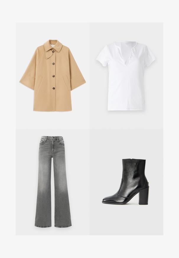 Bežs vilnas maisījuma mētelis ar klasisku apkakli, priekšējo pogu aizdares un sānu kabatām; satur raglanu piedurknes un tīru, strukturētu dizainu.; Balta kokvilnas T-kreklis ar īsām piedurknēm, brīvpiekļuve, un V-veida kakla izgriezums ar piecām dekoratīvām pogām.; Pelēki brīvi platai džinsi no denima. Iespējas ar augstu vidukli, četriem kabatām un nedaudz izbalinātu efektu priekšpusē, kas piešķir papildu tekstūru.; Melnas ādas potīšu zābaki ar gludu tekstūru, smailu purngalu un masīlu augstu papēdi. Iekļauts sānu atvērums un minimālistisks dizains.