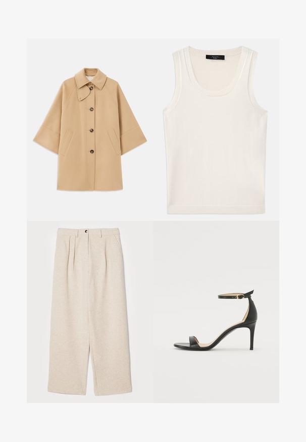 Bežna volnena jopica s klasičnim ovratnikom, sprednjim gumbom za zapiranje in stranskimi žepi; ima raglan rokave in čist, strukturiran dizajn.; Bela brezrokavna majica iz mehkega materiala. Ima okroglo obliko vratu in rebraste robove, z gladko teksturo in brez vidnih vzorcev.; Proenza Schouler White Label TRISTAN PANT IN CLOQUE - Hlače - oatmeal melange; Črne usnjene sandale s peto, ki imajo priponko za gleženj. Imajo gladko teksturo, odprt prst in tanek peto. Podrobnost z zlatim sponko.