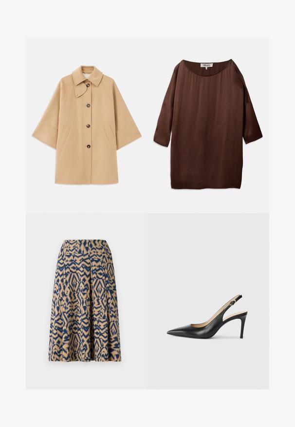 Beige wool blend coat with a classic collar, front button closure, and side pockets; features raglan sleeves and a clean, structured design.; Brown, loose-fitting blouse with a wide boat neck and three-quarter sleeves, made of smooth, textured fabric. Top features subtle wrinkles.; A knee-length skirt featuring a geometric print in navy blue and beige, with pleats and a smooth texture.; Black leather slingback high heels with a pointed toe, adjustable strap, and a sleek stiletto heel, featuring a smooth finish.