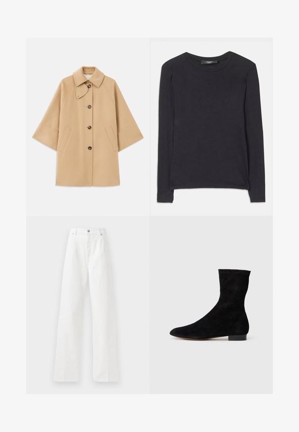 Beige gyapjú mix kabát klasszikus gallérral, elülső gombos záródással és oldalsó zsebekkel; raglán ujjaival és letisztult, strukturált dizájnjával rendelkezik.; Fekete, hosszú ujjú póló, kerek nyakkivágással, puha anyagból készült. Egyszerű dizájn jellemzi, finom varrási részletekkel az alját körülvevő varratnál.; Fehér, bő szabású pamut nadrág, magas derékkal, elöl pliszékkel és cipzáras záródással, egy gombbal.; Fekete velúr bokacsizma, illeszkedő szárral, hegyes orral és alacsony blokk sarokkal. Simább felület és minimalista dizájn, amely sokoldalú stílushoz megfelelő.