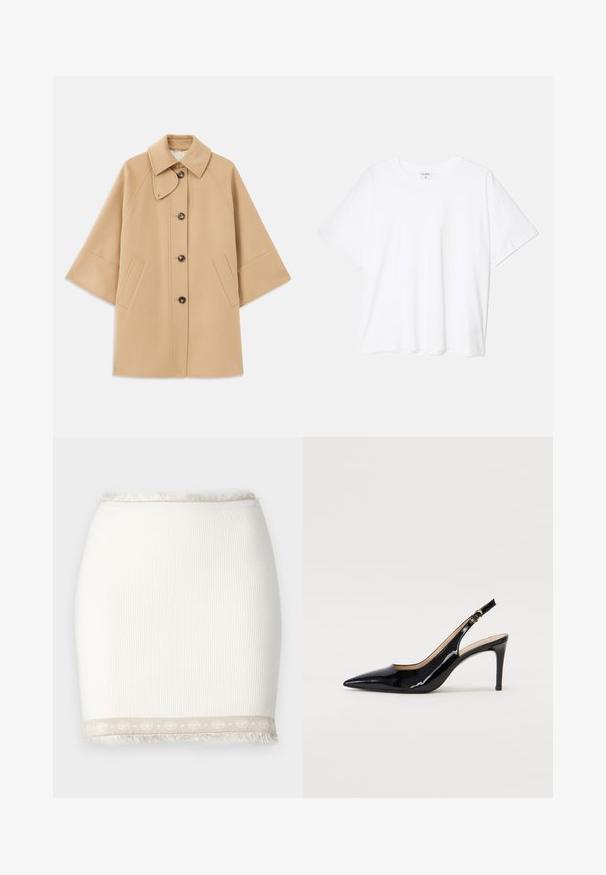 Beige ullblandad kappa med klassisk krage, framknäppning med knappar och sidofickor; har raglanärmar och en ren, strukturerad design.; Vit bomull t-shirt med kort ärm, rund halsringning, avslappnad passform och söm i nederkant. Etikett synlig på insidan av halsen.; Vit ribbad kjol med en åtsittande form och fransdetaljer vid kanten. Har en ljusbeige accent med ett mönster. Slät textur.; Svart patenterat läder slingback pumps med spetsig tå, smal klack och en subtil utskärning. Har en guldbuckle på remmen.